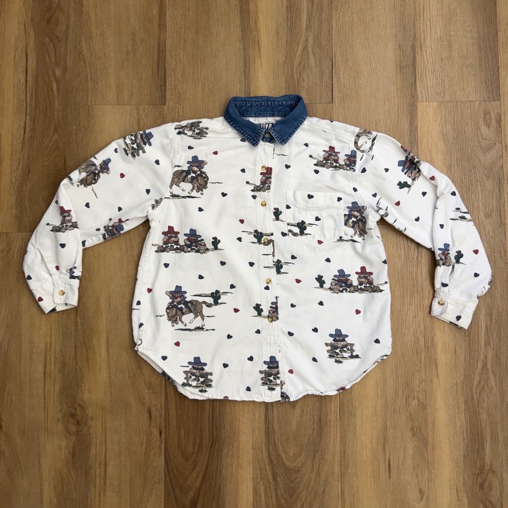 Vintage Western Cowboy Bear Print Denim Collar Shirt L horse country